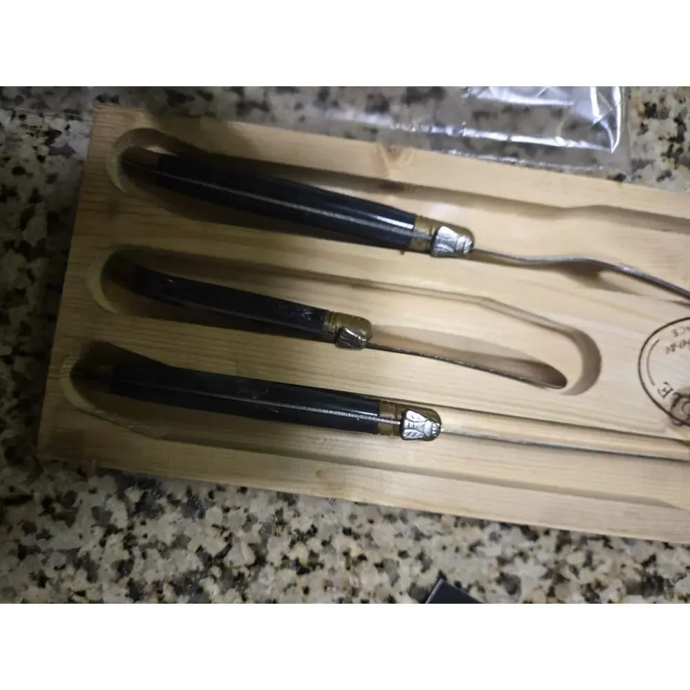 Jean Dubost Laguiole France 3 Pc Cheese Knife Set Black Handles Wood Tray